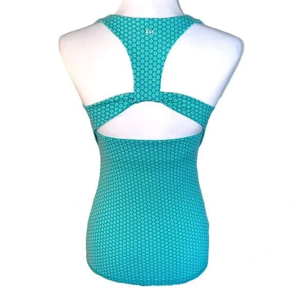 Lucy Floral Turquoise Blue Built In Bra Workout Top Size S - Picture 3 of 6